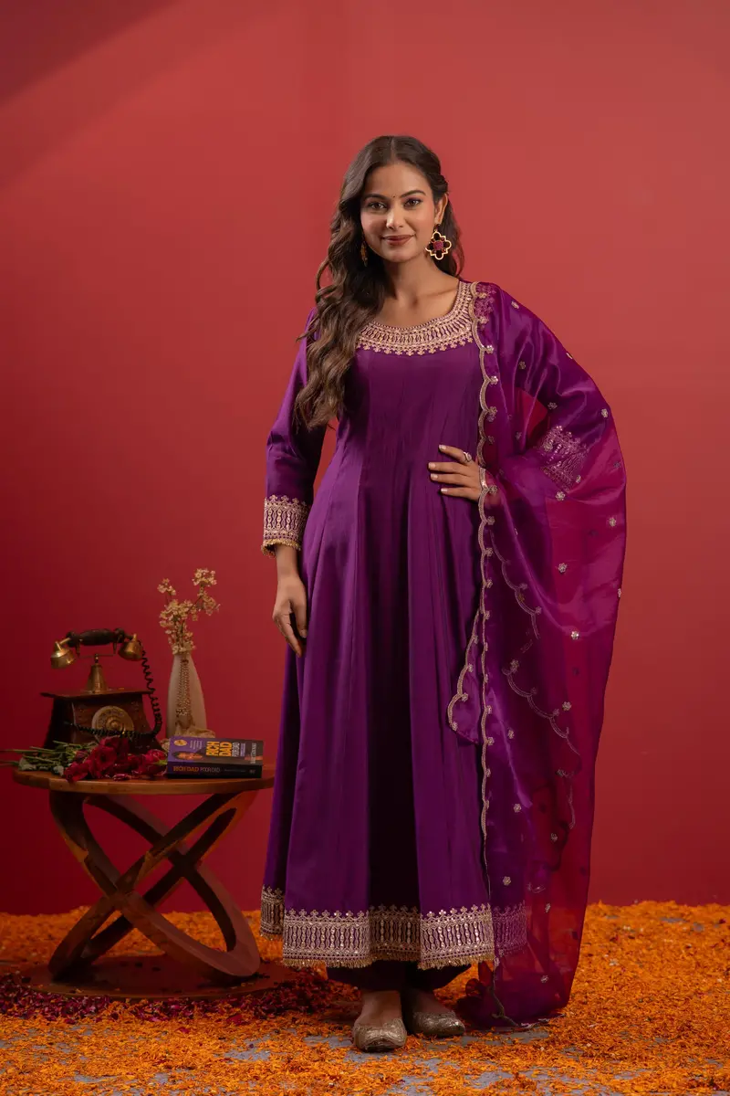 Purple Embroidered Silk Anarkali Suit With Dupatta 1