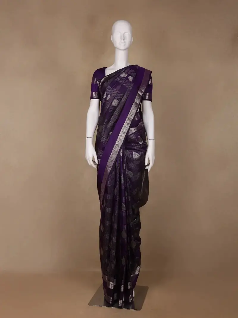 Purple Floral And Checks Woven Silk Saree 1