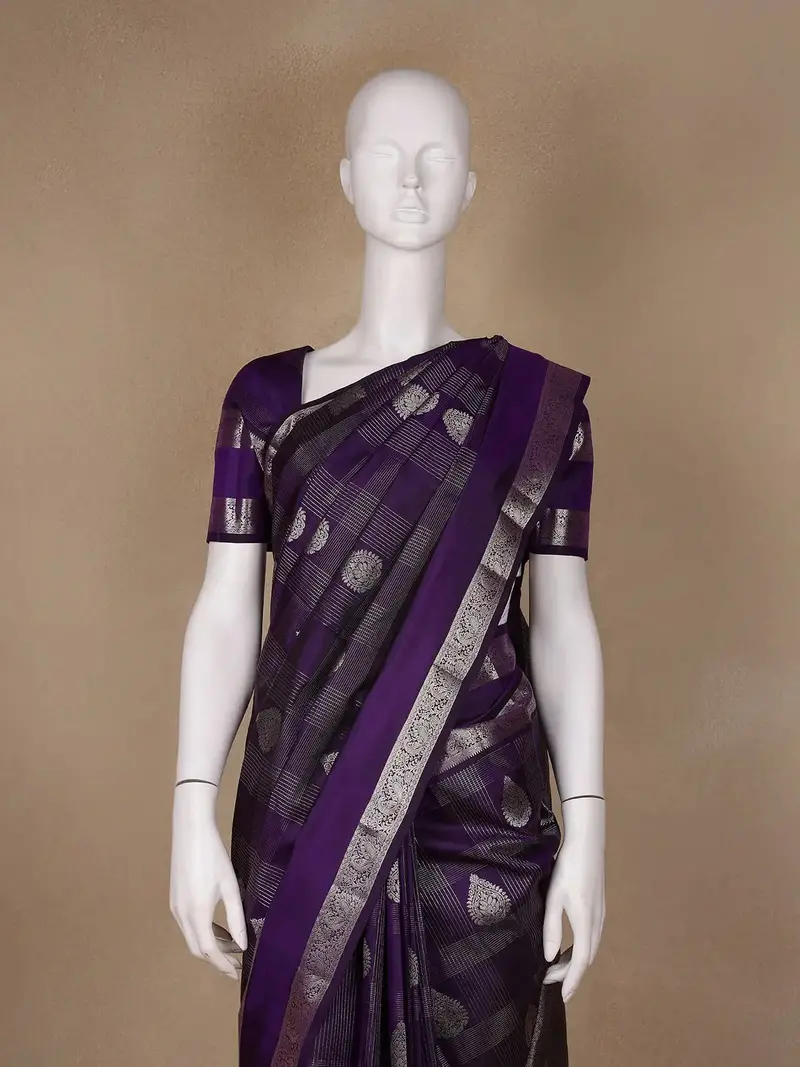 Purple Floral And Checks Woven Silk Saree 2