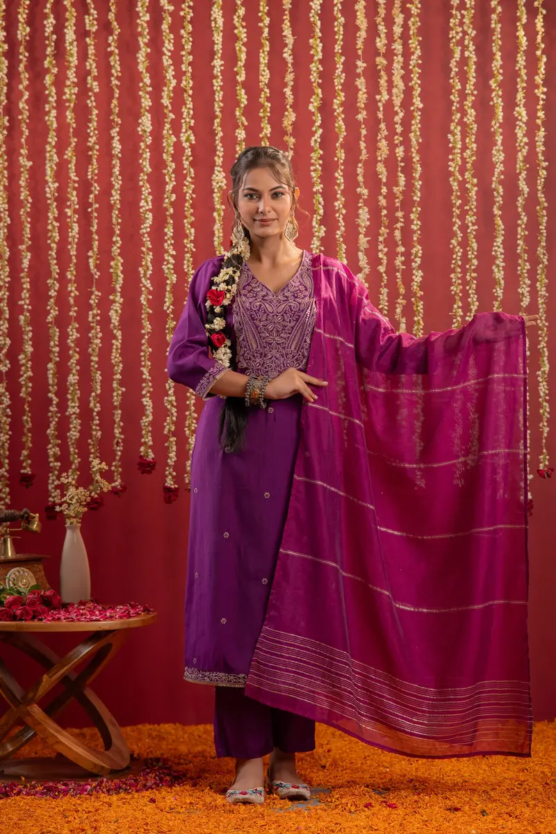 Purple Floral And Paisley Embroidered Cotton Salwar Suit With Dupatta 1