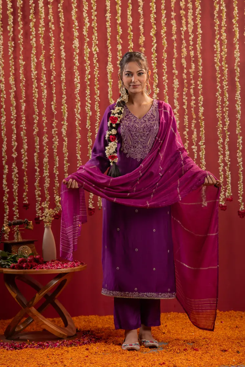 Purple Floral And Paisley Embroidered Cotton Salwar Suit With Dupatta 2