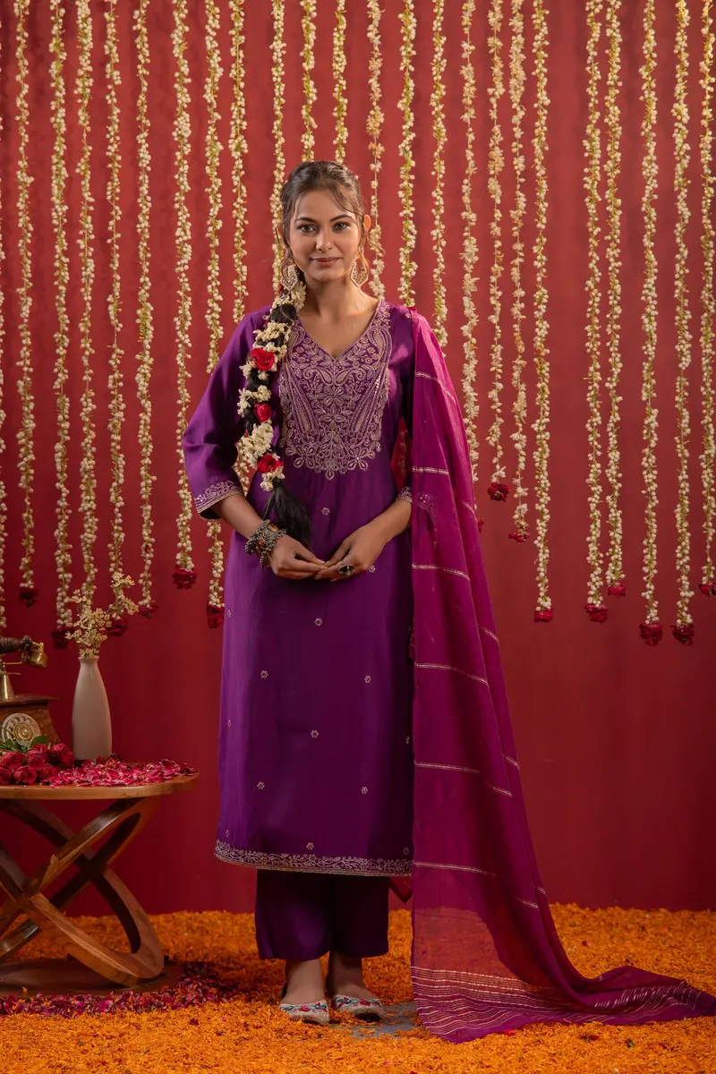 Purple Floral And Paisley Embroidered Cotton Salwar Suit With Dupatta 3