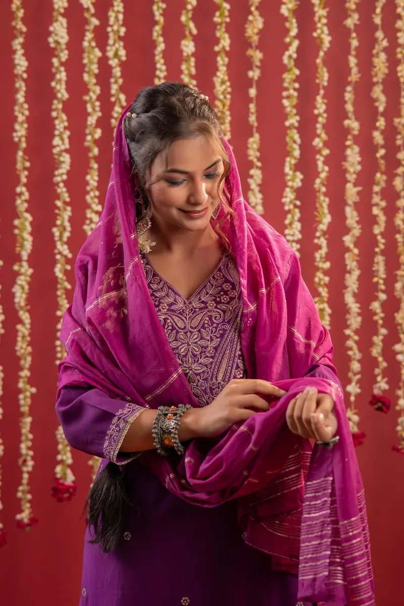 Purple Floral And Paisley Embroidered Cotton Salwar Suit With Dupatta 4
