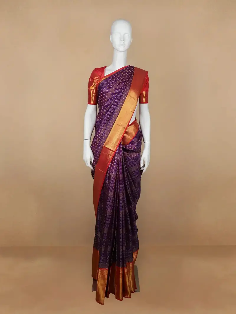 Purple Floral And Stripes Woven Pure Kanchipuram Silk Saree 1