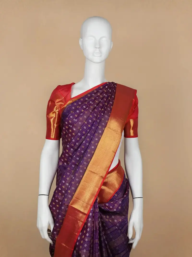 Purple Floral And Stripes Woven Pure Kanchipuram Silk Saree 2