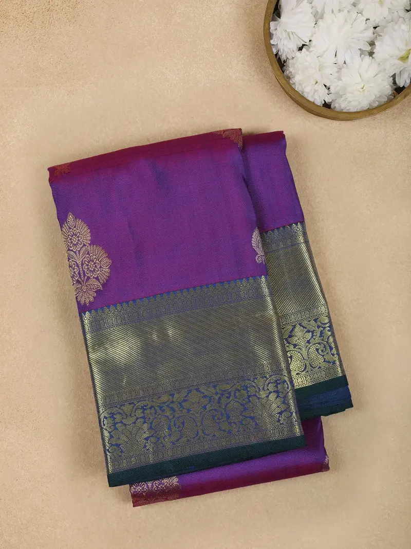 Purple Floral Butta Pure Kanchipuram Silk Saree 1