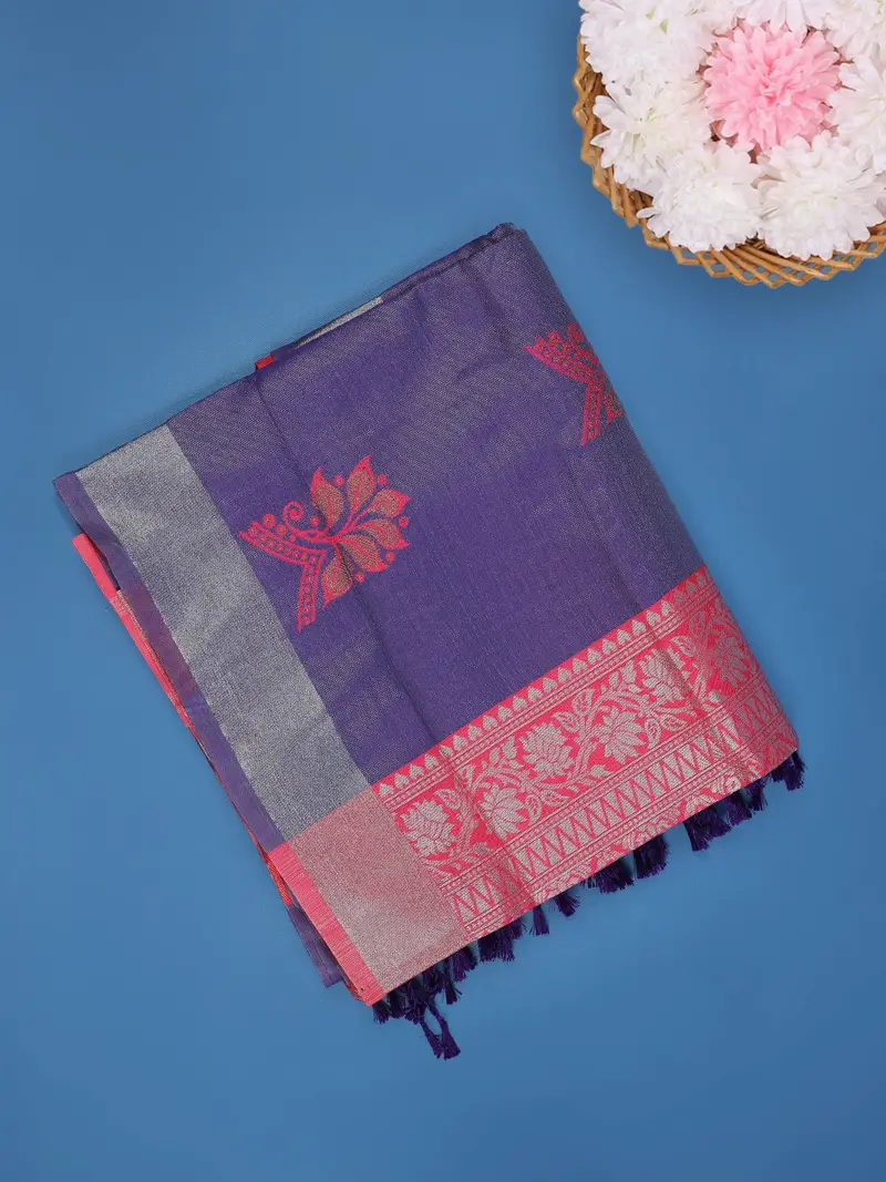 Purple Floral Butta Woven Art Silk Saree With Contrast Pink Zari Border 1