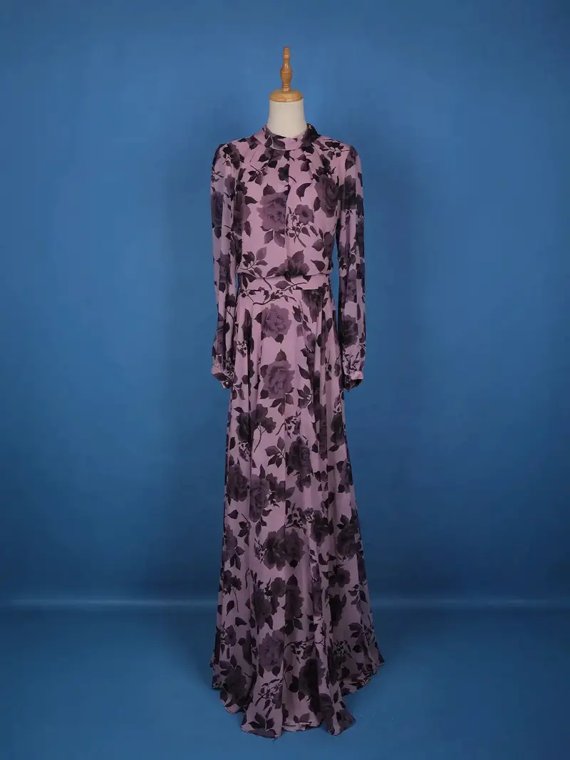 Purple Floral Design Chiffon Partywear Gown 1