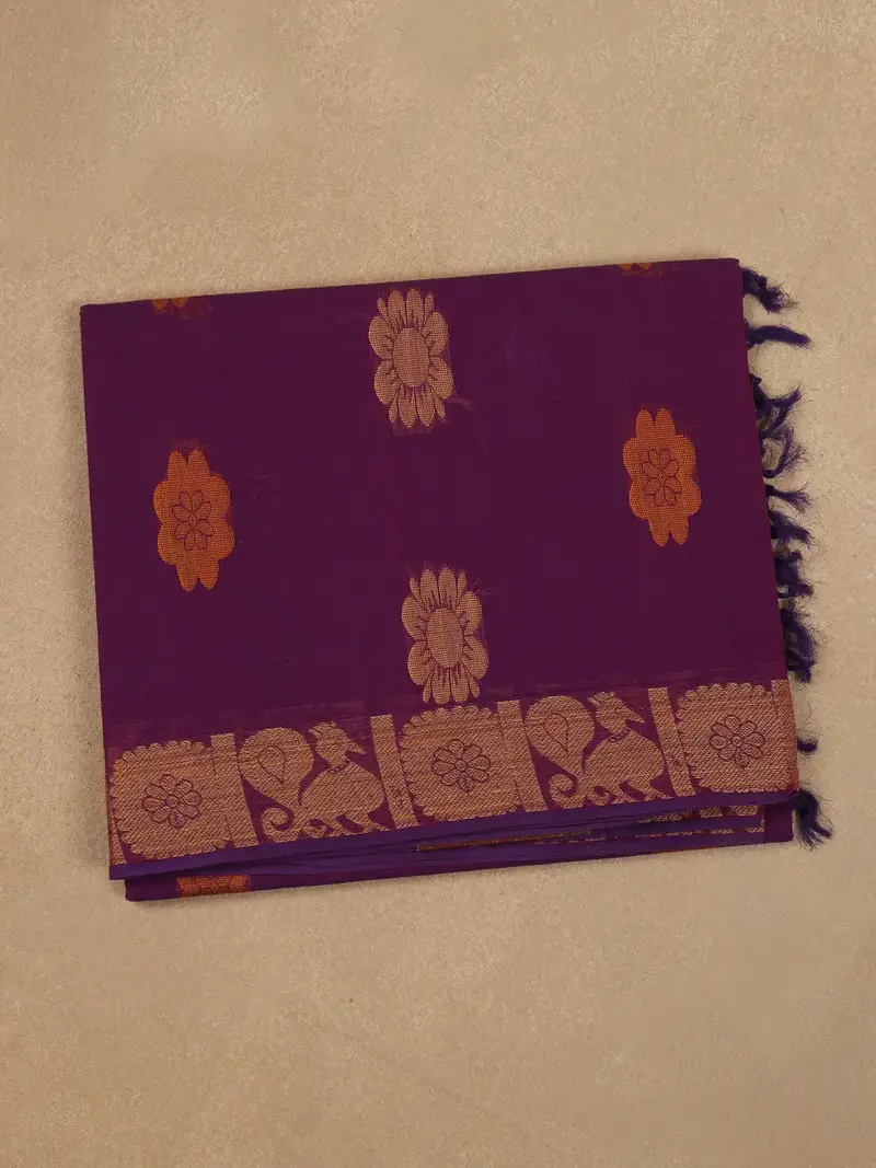 Purple Floral Design Cotton Saree With Zari Border 1