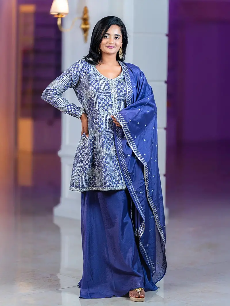 Purple Floral Design Crepe Salwar Palazzo Suit 1