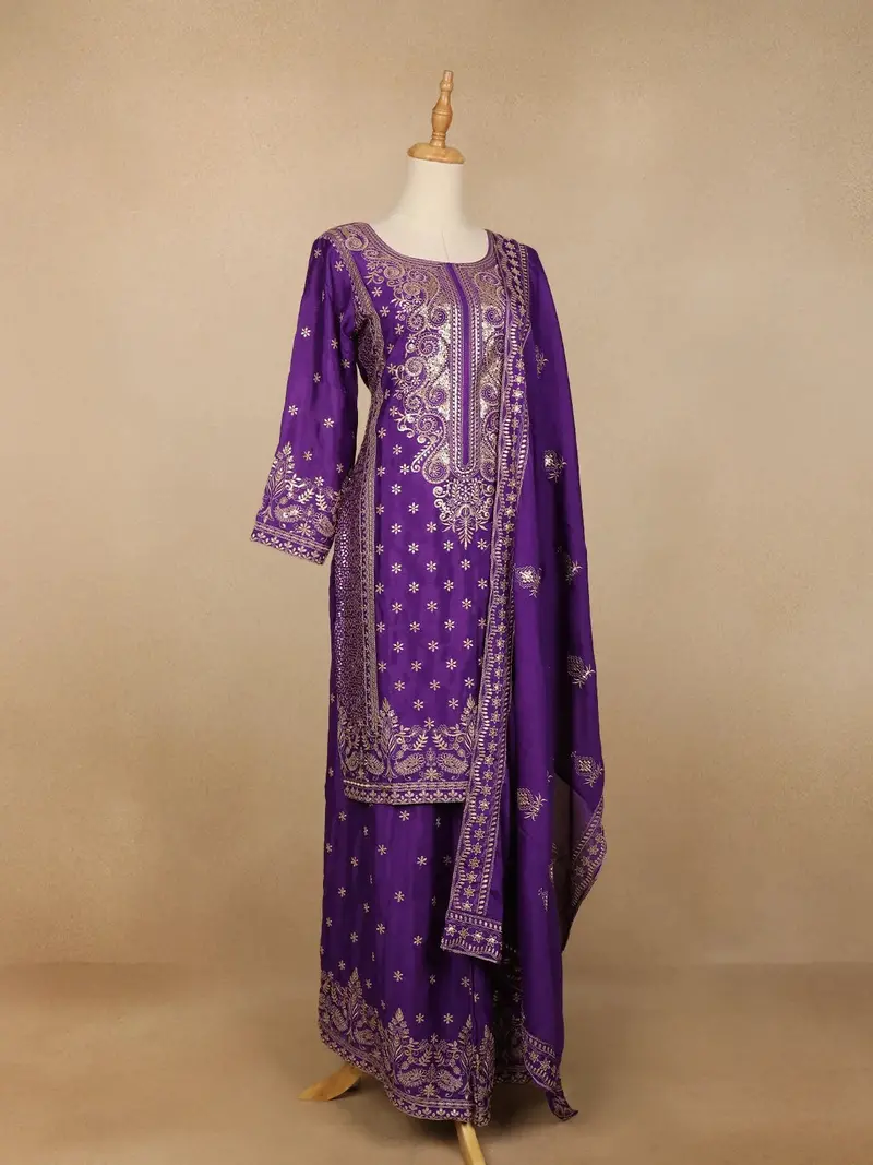 Purple Floral Design Crepe Salwar Palazzo Suit 1