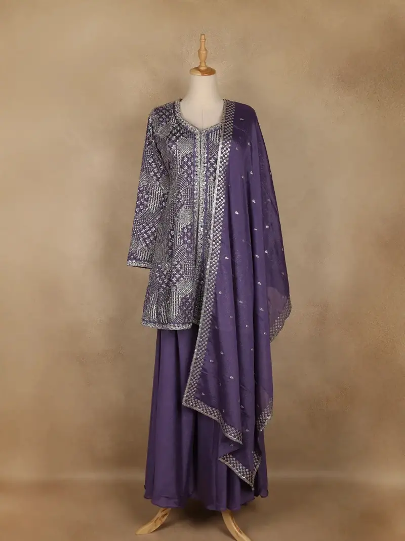 Purple Floral Design Crepe Salwar Palazzo Suit 1