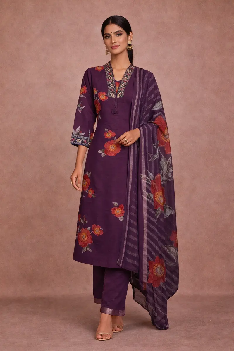Purple Floral Design Printed Cotton Salwar Suit 1
