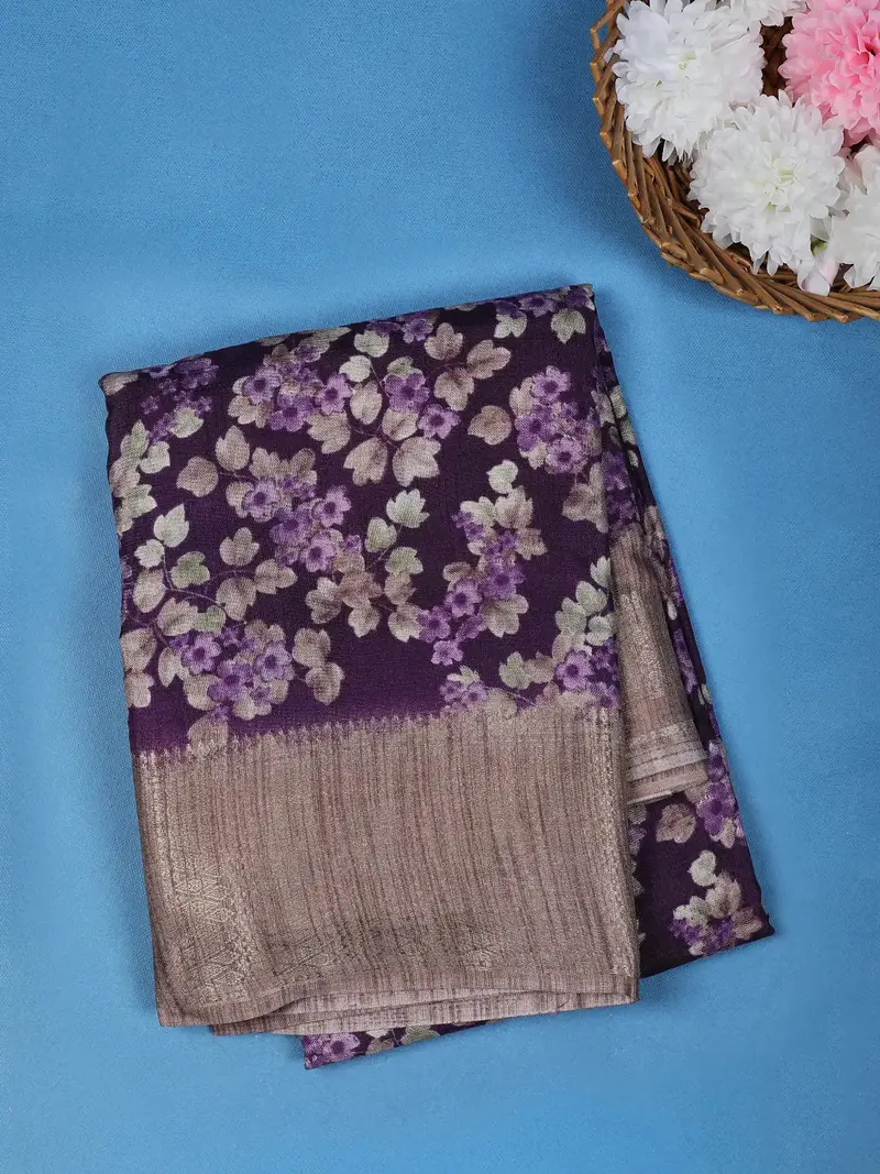 Purple Floral Design Raw Silk Saree 1