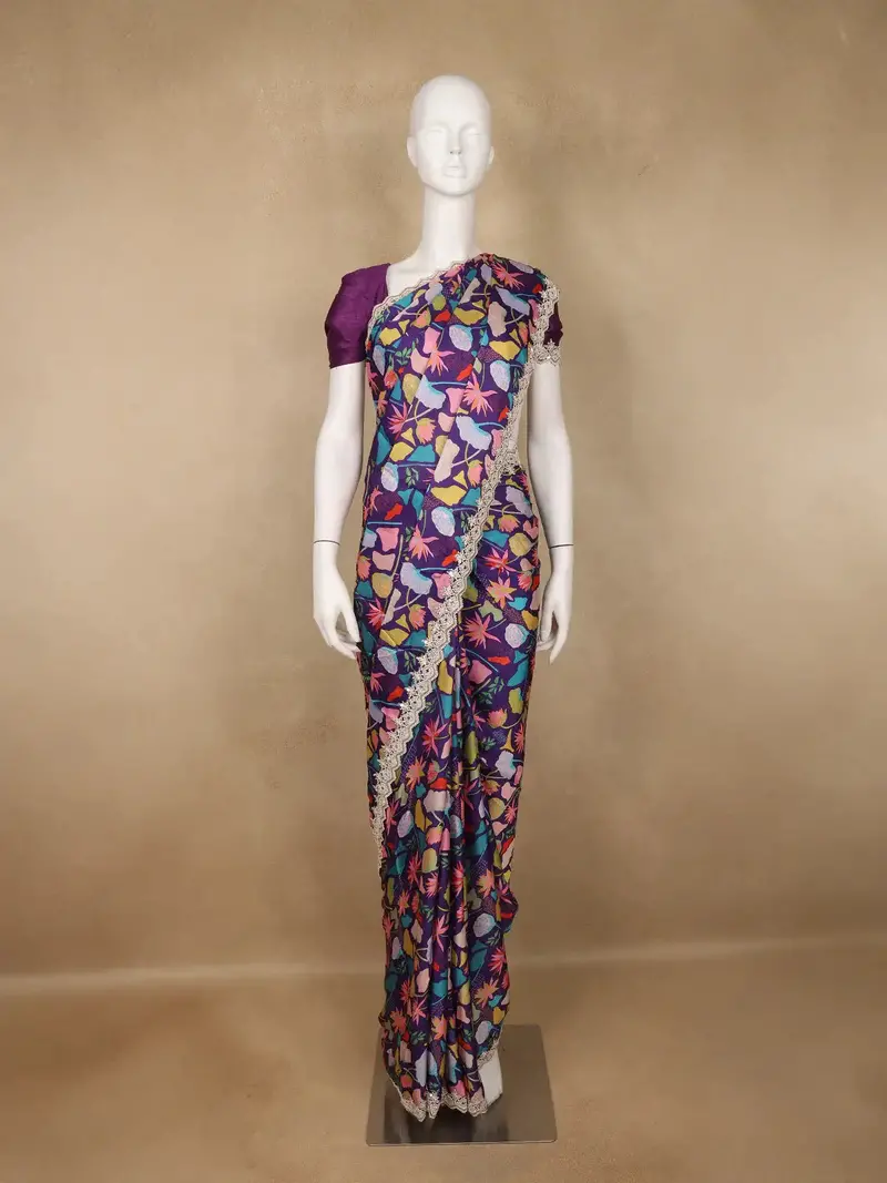 Purple Floral Design Satin Saree 1