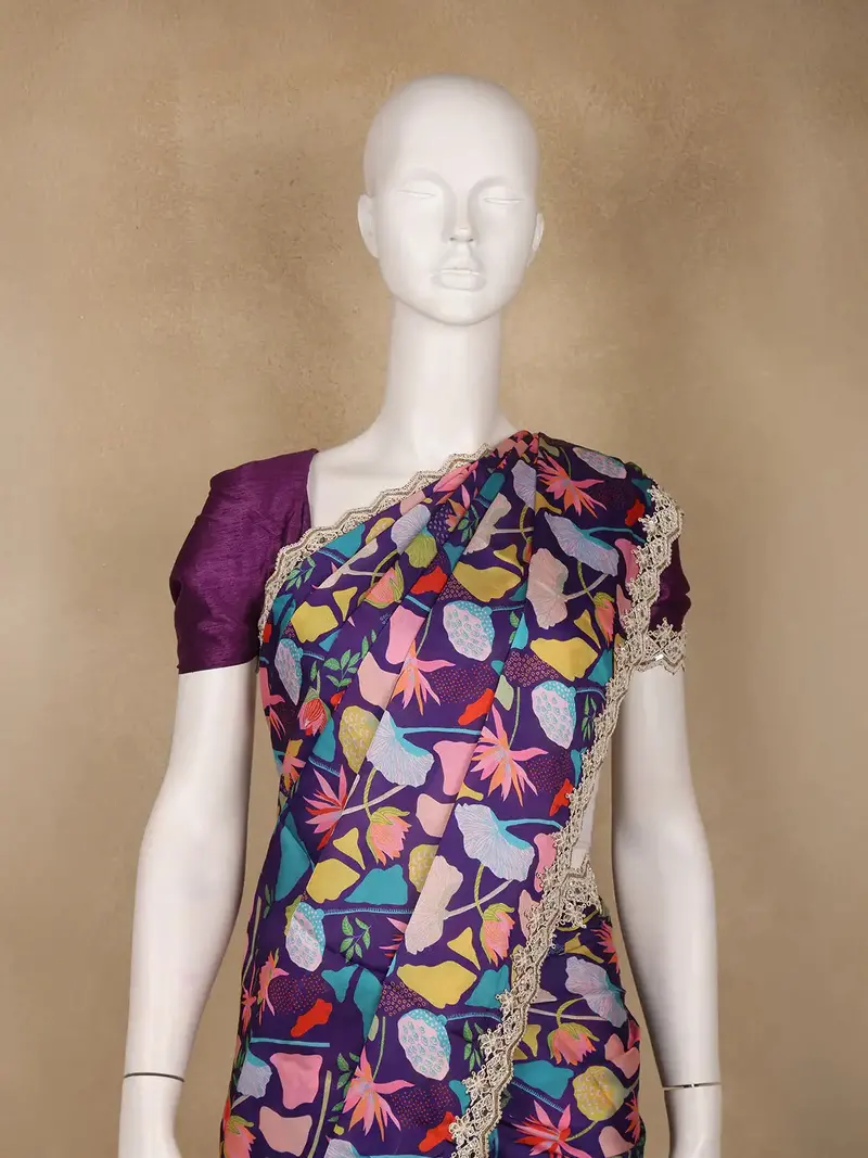 Purple Floral Design Satin Saree 2