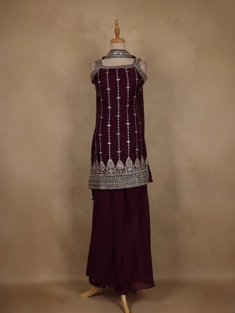 Purple Floral Design Space Silk Palazzo Suit With Dupatta 1