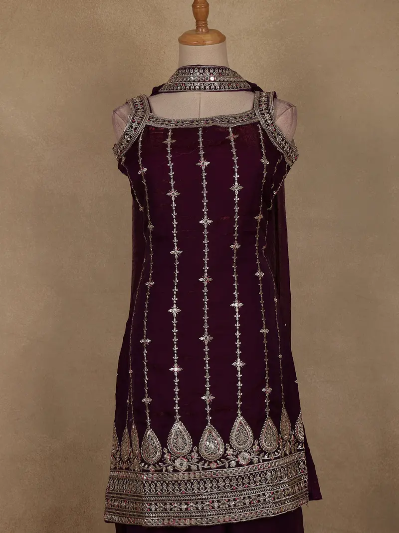 Purple Floral Design Space Silk Palazzo Suit With Dupatta 2