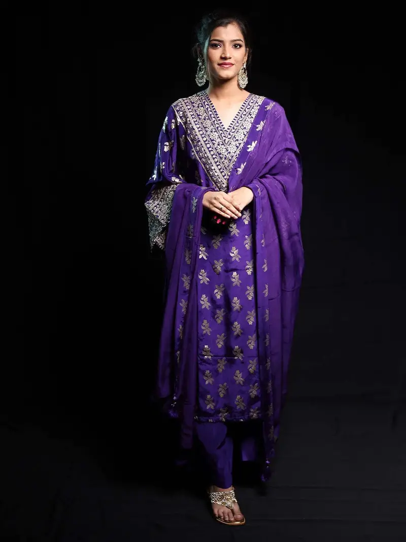 Purple Floral Designed Banarasi Silk Palazzo Salwar Suit 1