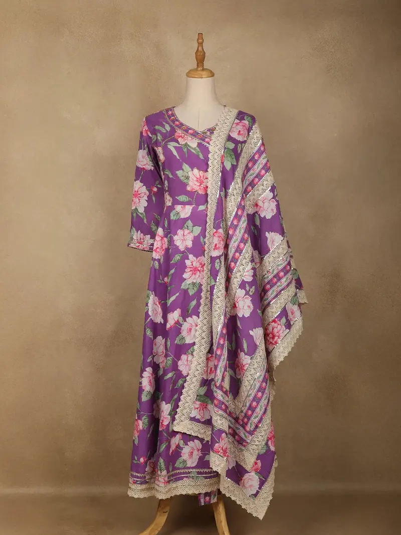 Purple Floral Designed Cotton Anarkali Salwar Suit 1