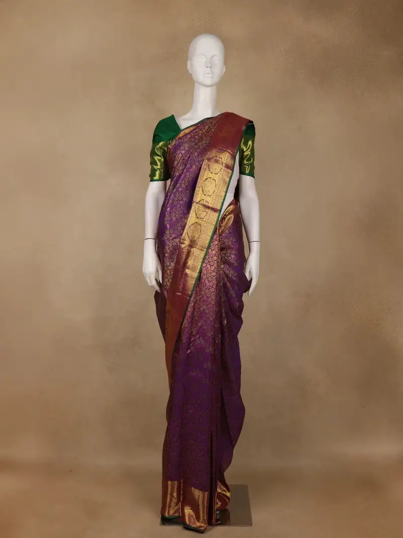 Purple Floral Designed Pure Kanchipuram Silk Saree With Zari Border 1