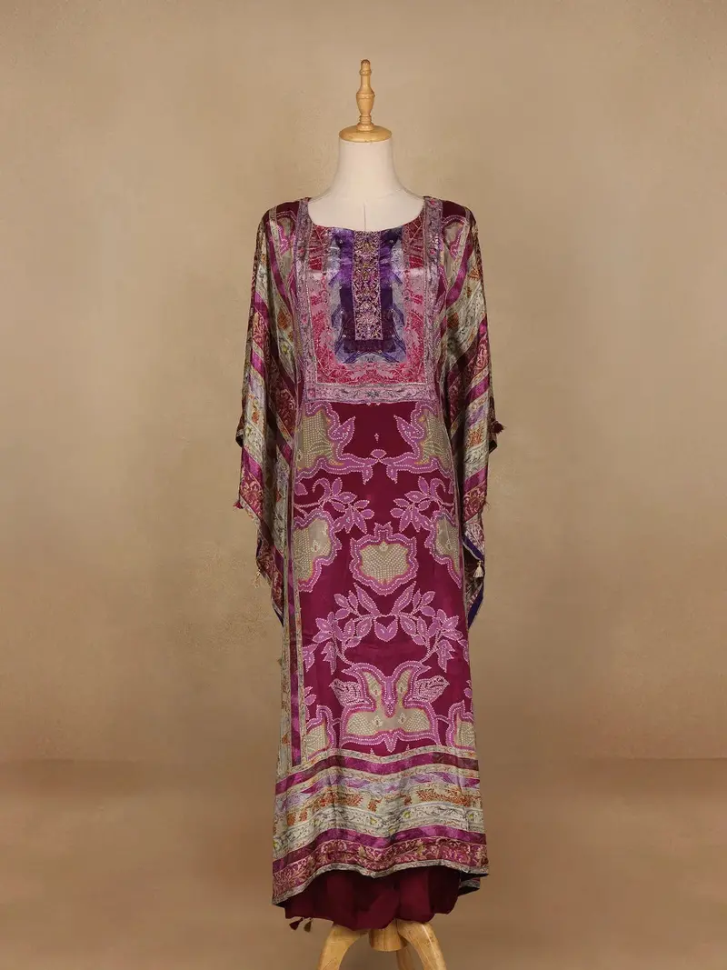 Purple Floral Designed Semi Silk Kaftan Suit 1