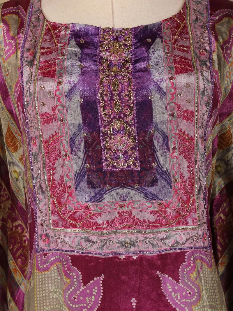 Purple Floral Designed Semi Silk Kaftan Suit 2