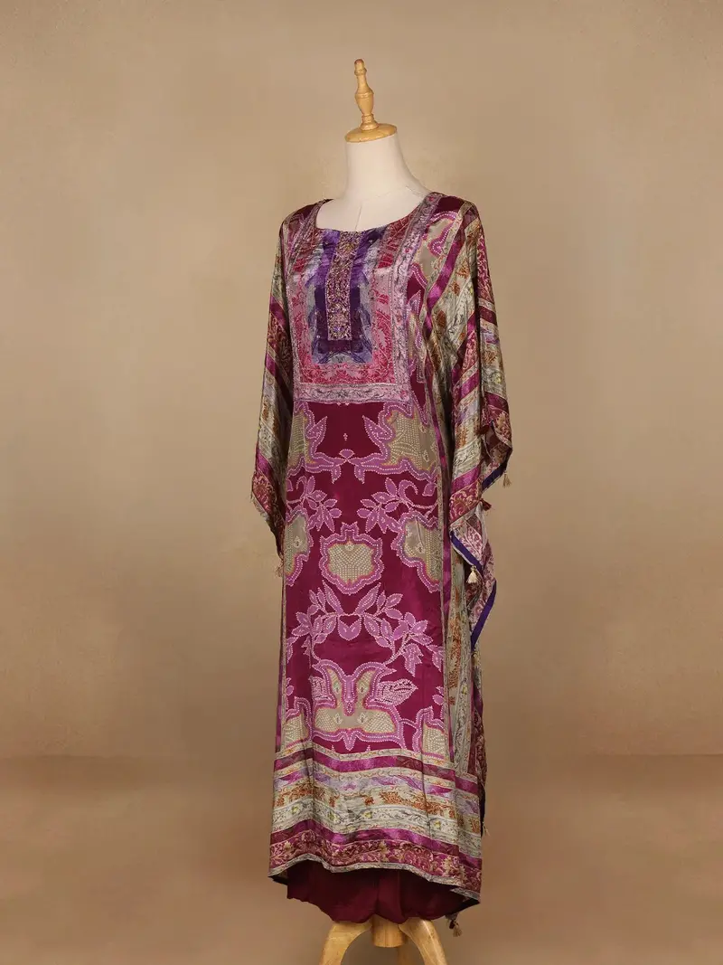Purple Floral Designed Semi Silk Kaftan Suit 3