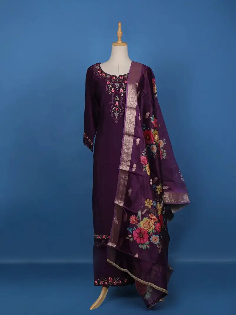 Purple Floral Designed Semi Silk Salwar Suit 1