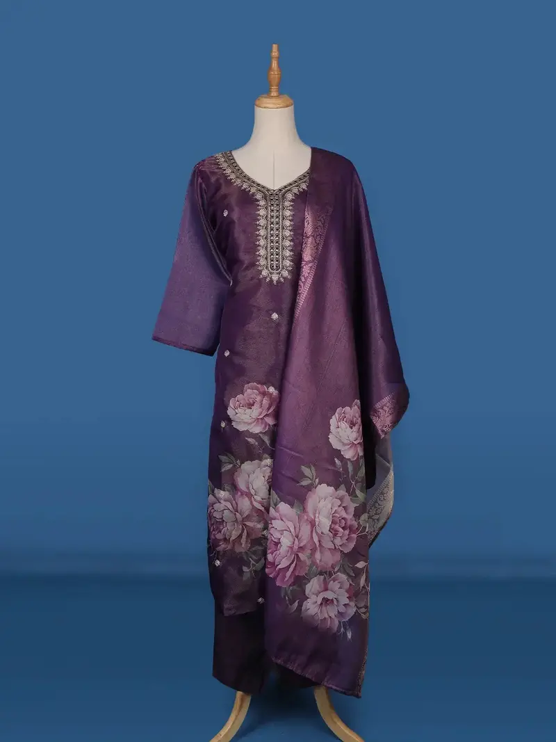 Purple Floral Designed Shimmer Straight Cut Salwar Suit 1