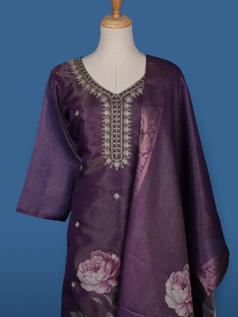 Purple Floral Designed Shimmer Straight Cut Salwar Suit 2