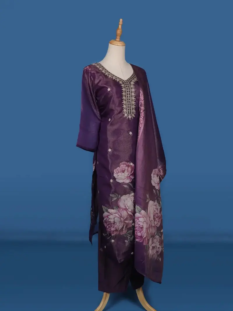 Purple Floral Designed Shimmer Straight Cut Salwar Suit 4