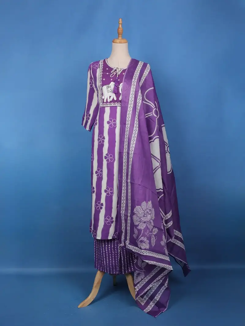 Purple Floral Designed Tie-Dye Rayon Salwar Suit 1