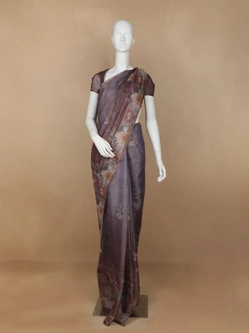 Purple Floral Designed Tissue Organza Saree 1