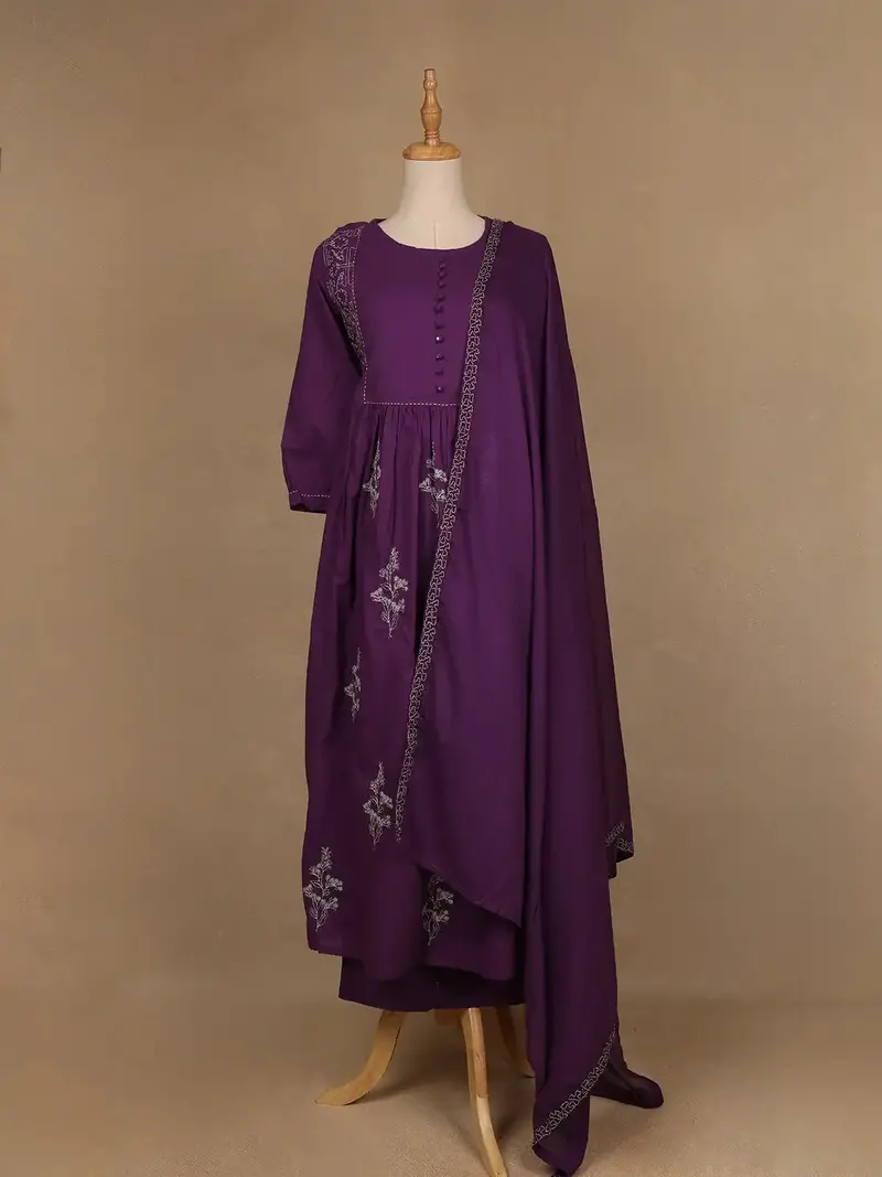 Purple Floral Embroidered  Cotton Salwar Suit 1