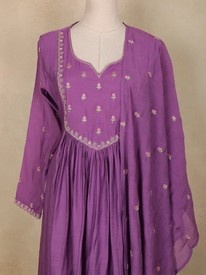 Purple Floral Embroidered Cotton Salwar Suit With Dupatta 2