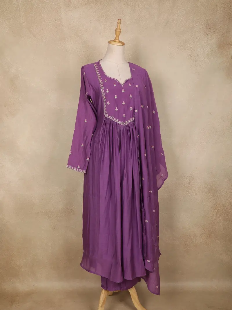 Purple Floral Embroidered Cotton Salwar Suit With Dupatta 4