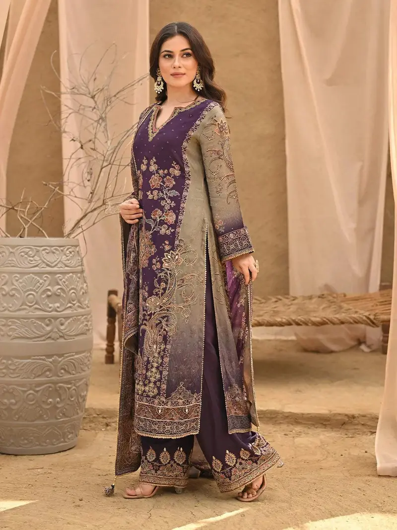 Purple Floral Embroidered Crepe Palazzo Salwar Suit Online 1
