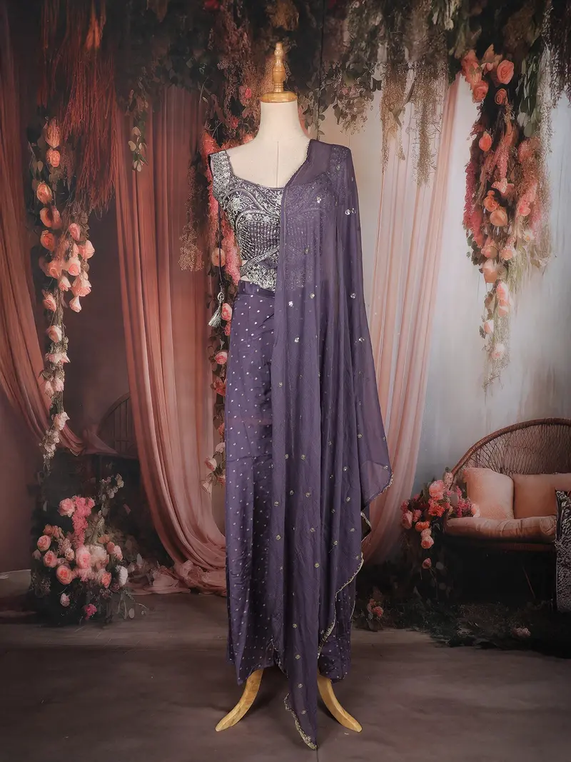 Purple Floral Embroidered Design Crepe Palazzo Suit 1