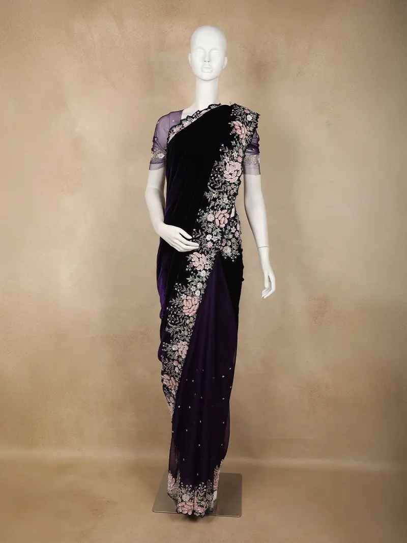 Purple Floral Embroidered Design Velvet Designer Saree 1