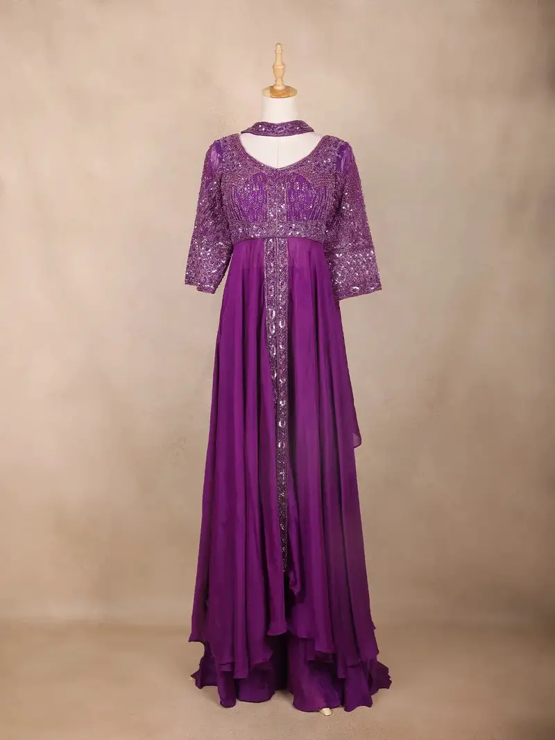 Purple Floral Embroidered Georgette Palazzo Suit 1