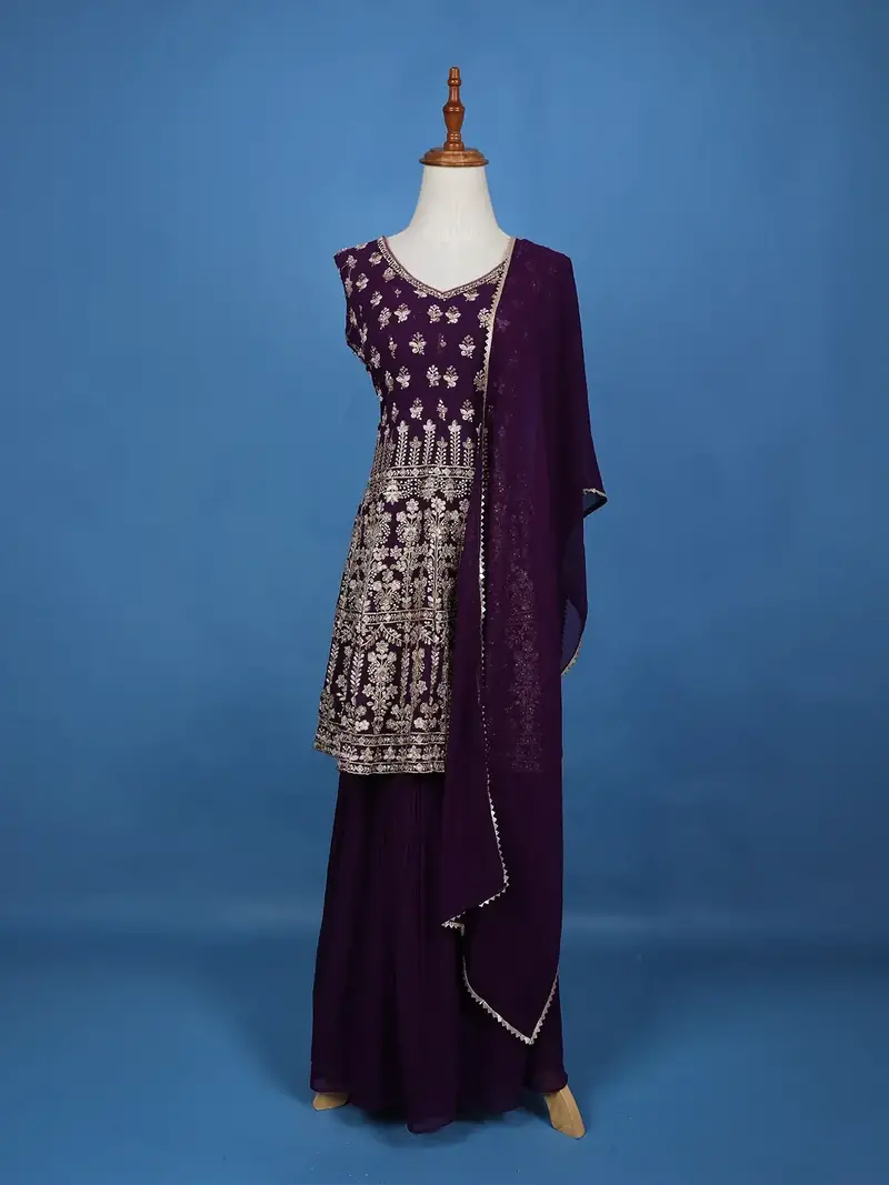 Purple Floral Embroidered Georgette Sharara Salwar Suit 1