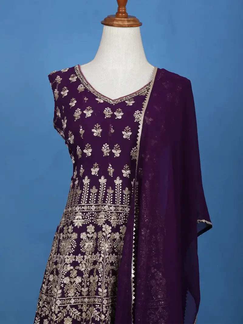 Purple Floral Embroidered Georgette Sharara Salwar Suit 2