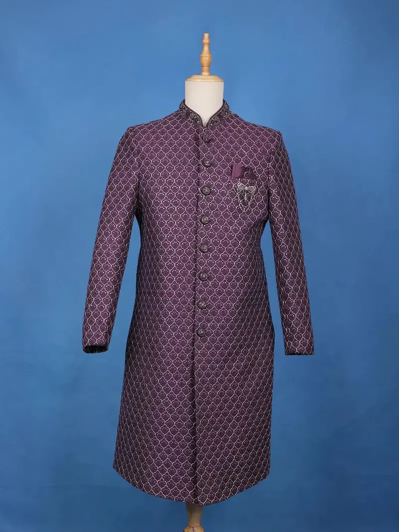 Purple Floral Embroidered Jacquard Sherwani Suit 1