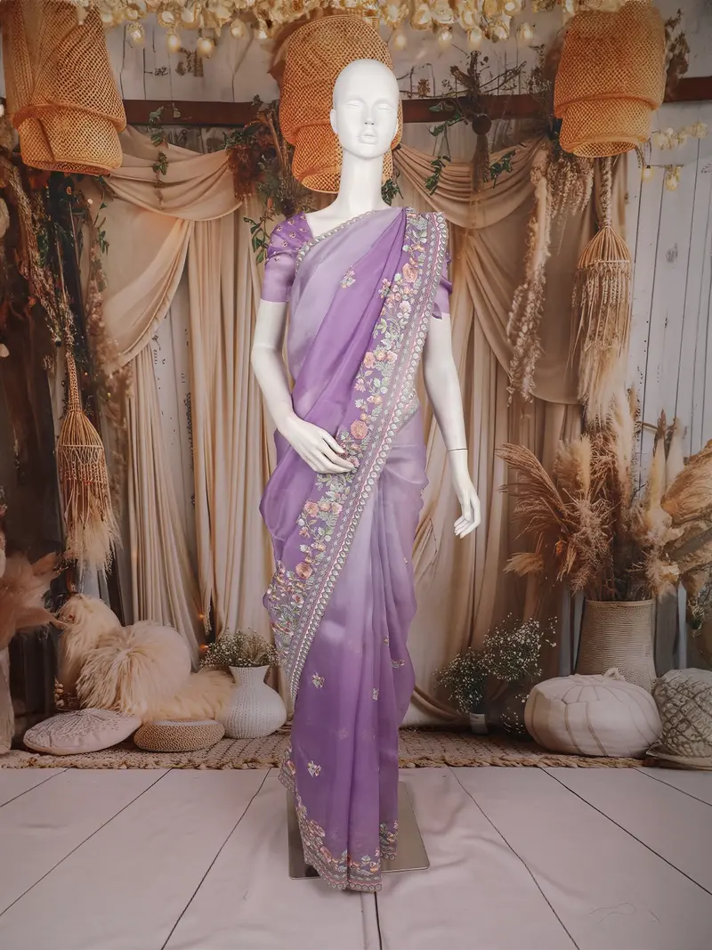 Purple Floral Embroidered Organza Saree With Scallop Border 1