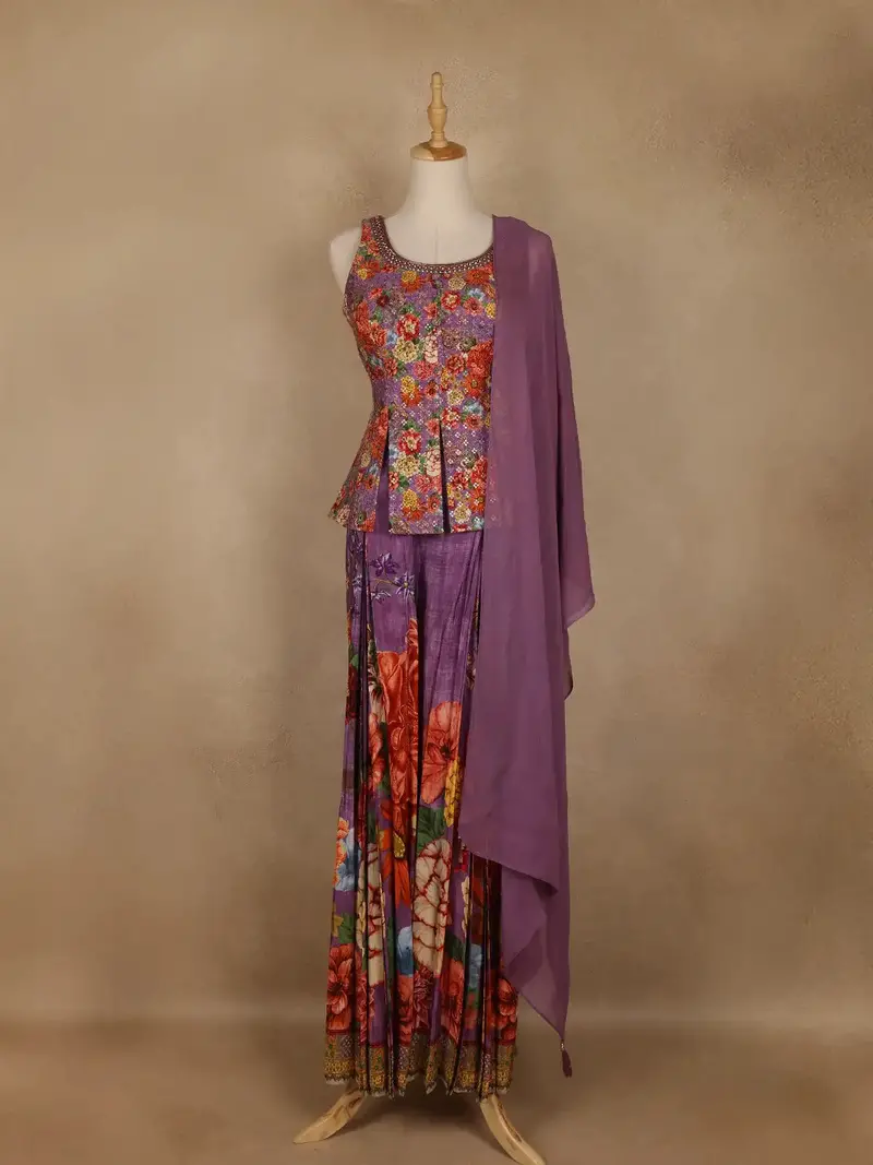 Purple Floral Embroidered Peplum Top With Printed Synthetic Palazzo Suit 1