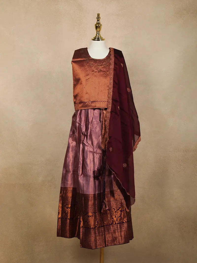 Purple Floral Embroidered Raw Silk Pattu Pavadai 1