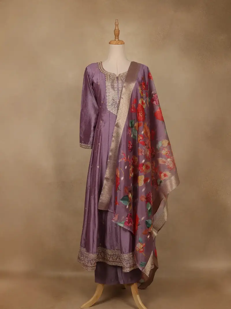 Purple Floral Embroidered Raw Silk Salwar Suit 1