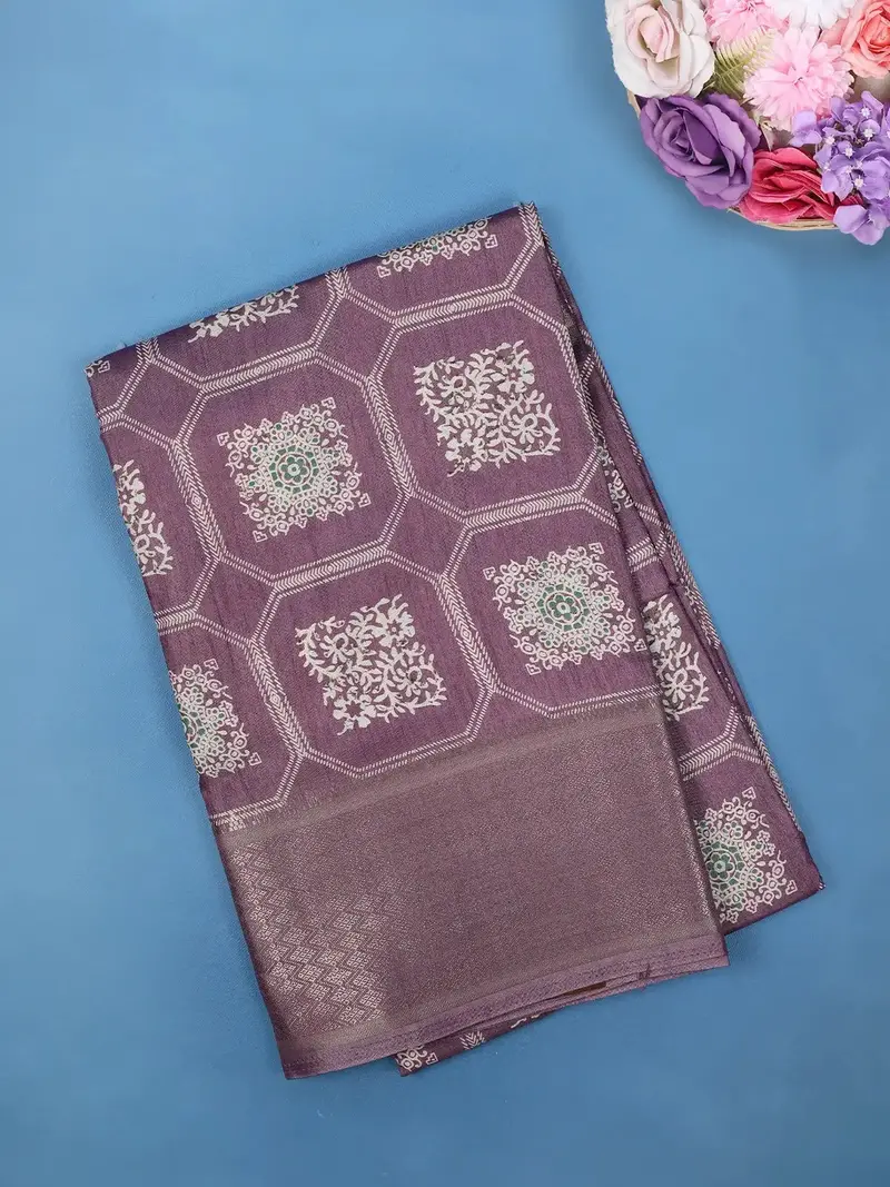 Purple Floral Hexagonal Printed Cotton Saree 1