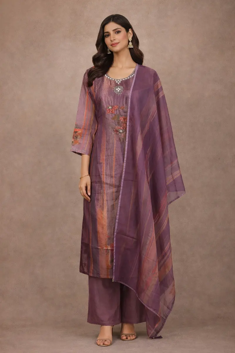 Purple Floral Print Sequins Design Georgette Salwar Suit 1